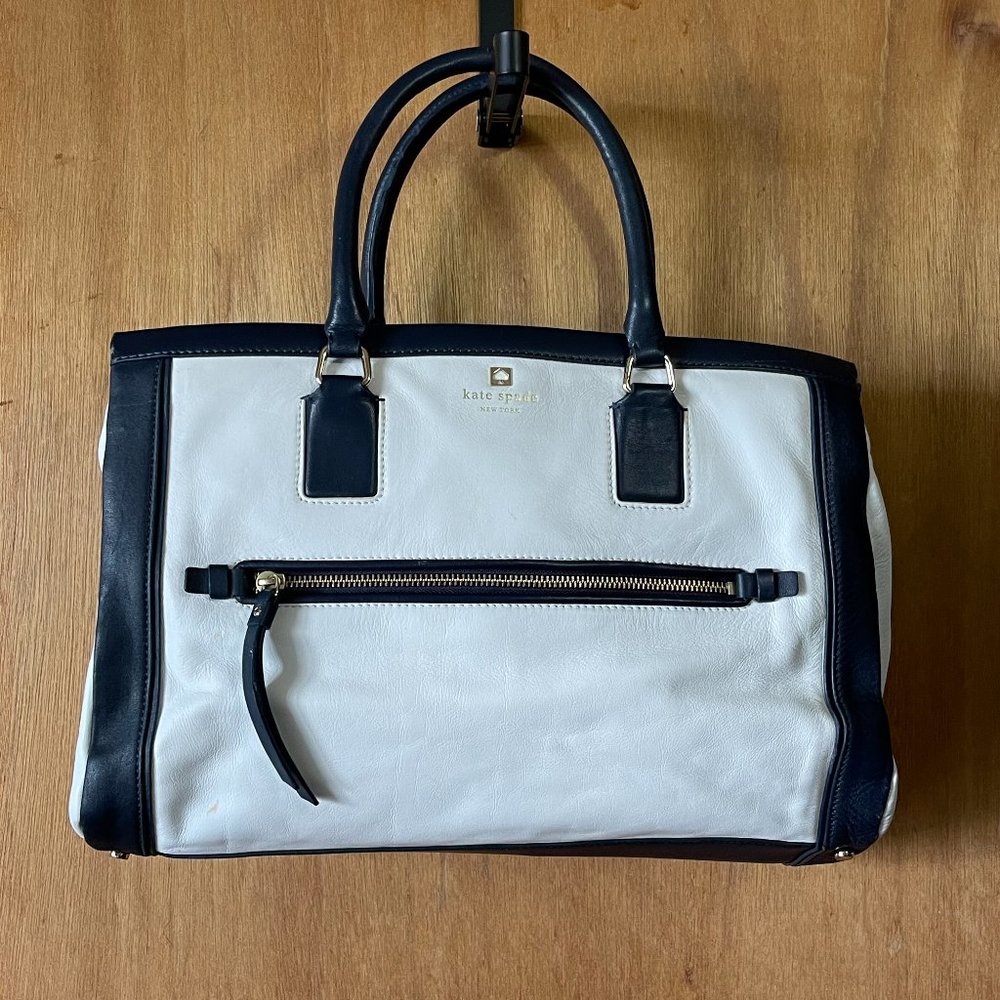 Kate Spade Large Satchel/Crossbody/Short handle bag, White with blue trim